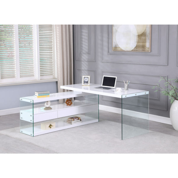 Chintaly Desk w/ 3 Drawers & 3 Shelves in Glass & Gloss White