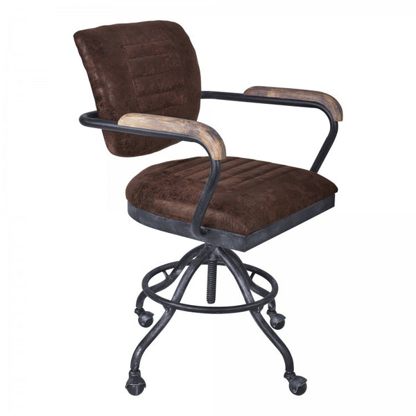 Armen Living Brice Modern Office Chair in Industrial Grey Finish and Brown Fabric with Pine Wood Arms