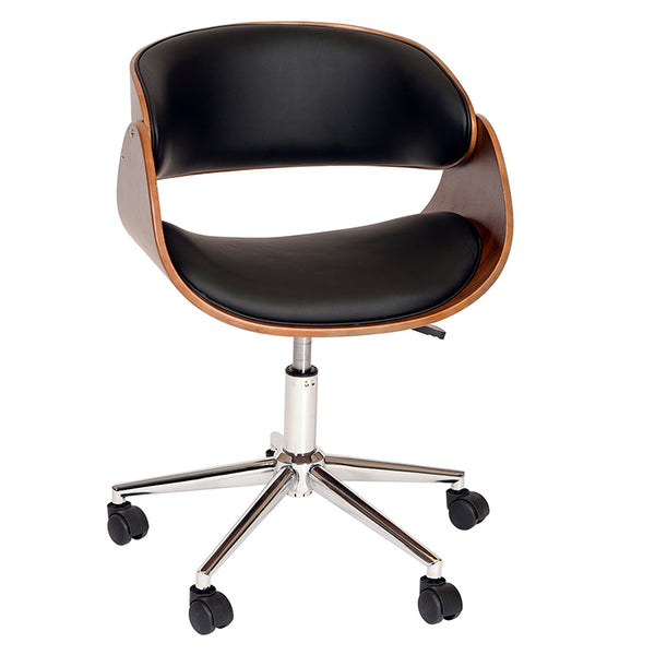 Armen Living Julian Modern Office Chair In Chrome Finish with Black Faux Leather And Walnut Veneer Back