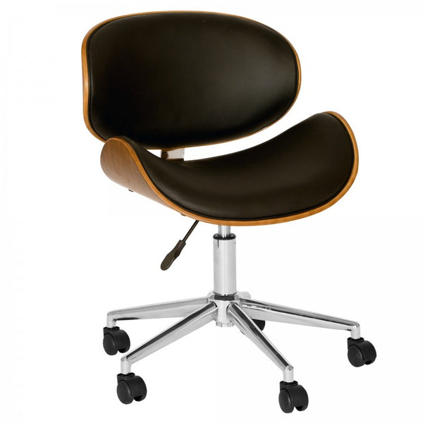 Armen Living Daphne Modern Office Chair In Chrome Finish with Black Faux Leather And Walnut Veneer Back